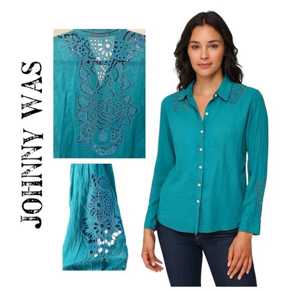 Johnny Was 3J Teal Cut-Out Embroidered Nina’s Ruched Shirt Top, Boho, Coastal, S - Picture 1 of 12